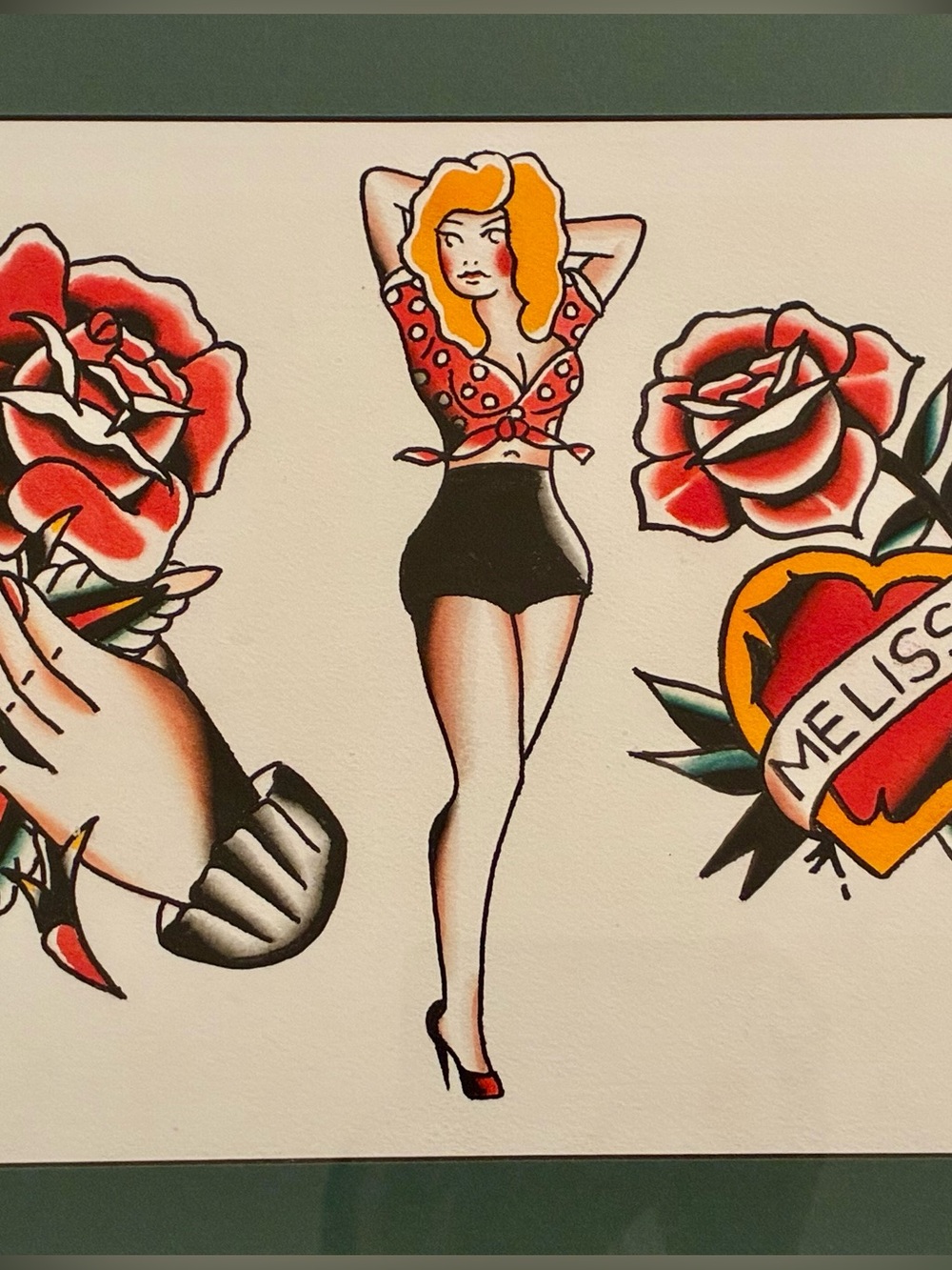 Framed Original Hand-Painted Tattoo Flash - American Traditional Pin-Up/Roses